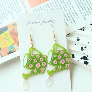 Glittery Green Watering Can Earrings with Pink Flowers
